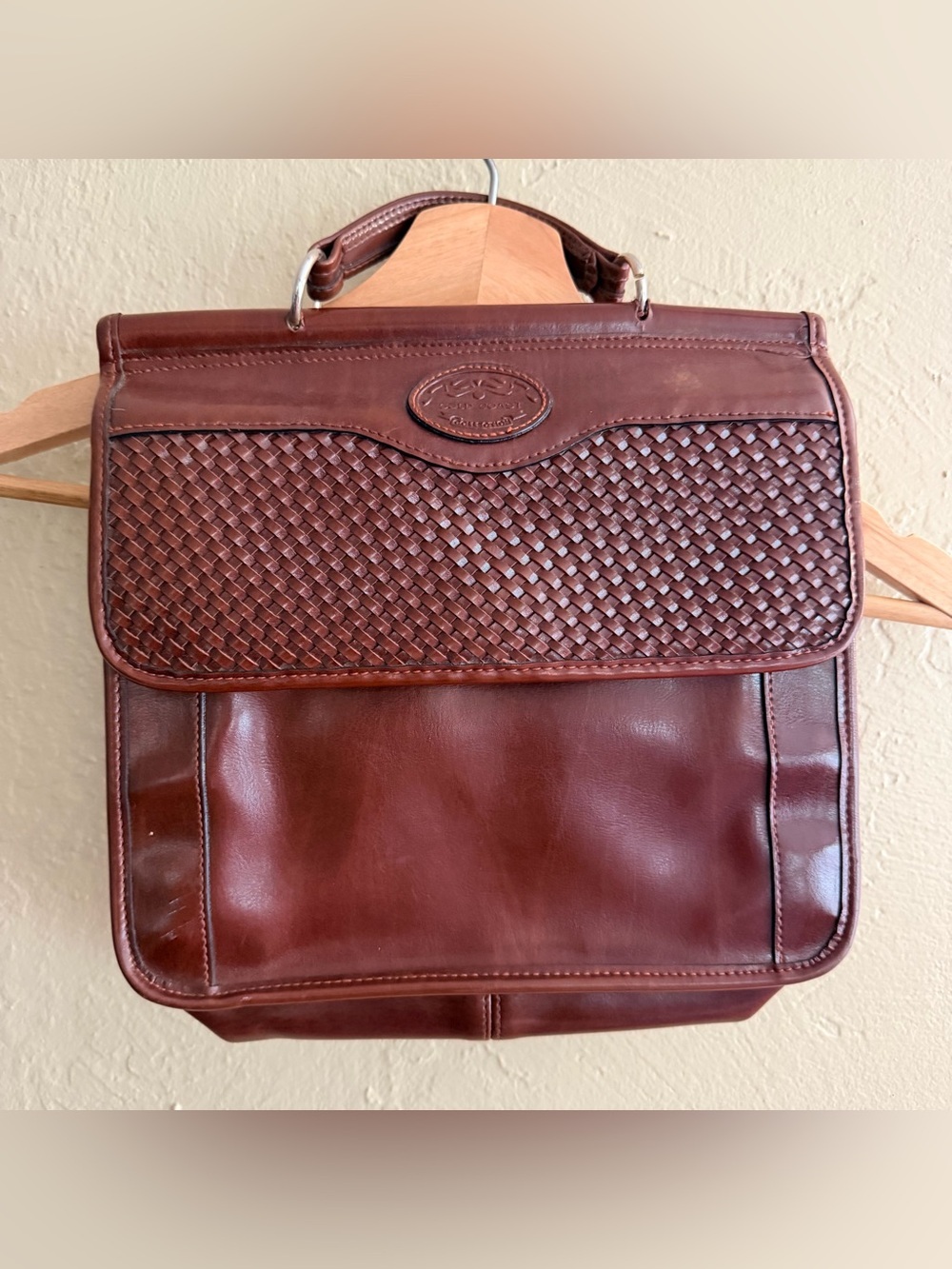 Leather Woven Flap Hand Bag - Brown